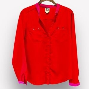🇪🇸🐠Anne Klein Red & Pink Collarless Blouse | Professional Chic | Petite Small